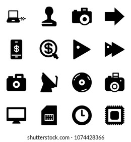 Solid vector icon set - notebook connect vector, stamp, camera, right arrow, mobile payment, money click, play, fast forward, satellite antenna, cd, monitor, sim, clock, cpu