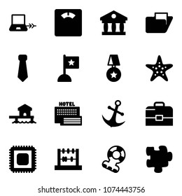 Solid vector icon set - notebook connect vector, floor scales, bank, folder, tie, flag, star medal, starfish, bungalow, sea hotel, anchor, case, cpu, abacus, teethers, puzzle