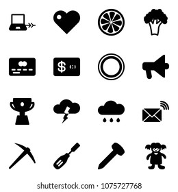 Solid vector icon set - notebook connect vector, heart, lemon slice, broccoli, credit card, prohibition road sign, loudspeaker, cup, storm, rain cloud, wireless mail, axe, chisel, nail, doll