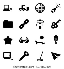Solid vector icon set - notebook connect vector, fork loader, radar, champagne, folder, link, signpost, key, star medal, sunglasses, lounger, ice cream, monoblock pc, screw, rake, paper plane