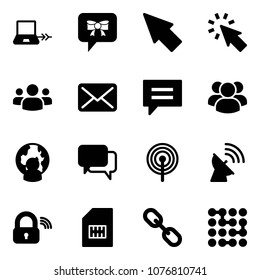 Solid vector icon set - notebook connect vector, bow message, cursor, group, mail, chat, man globe, dialog, antenna, satellite, wireless lock, sim, link, circuit