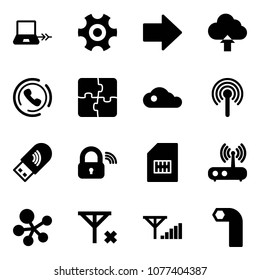 Solid vector icon set - notebook connect vector, gear, right arrow, upload cloud, phone horn, puzzle, antenna, usb wi fi, wireless lock, sim, router, molecule, no signal, fine, allen key