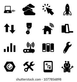 Solid vector icon set - notebook connect vector, clouds, cursor, rocket, up down arrows, piston, wireless home, water power plant, chart, wi fi router, battery, wrench, nut, hammer, game console