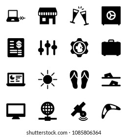 Solid vector icon set - notebook connect vector, duty free, wine glasses, safe, account statement, settings, gear globe, case, statistics monitor, sun, flip flops, satellite, boomerang