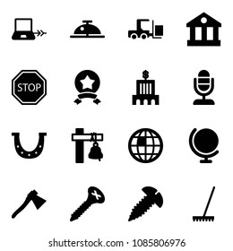 Solid vector icon set - notebook connect vector, client bell, fork loader, bank, stop road sign, star medal, building, microphone, luck, ship, globe, axe, screw, rake