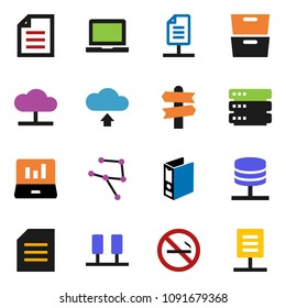 solid vector icon set - notebook pc vector, document, archive, laptop graph, binder, no smoking, signpost, network, server, cloud, big data, upload