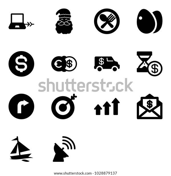 Solid vector icon set - notebook connect vector,
santa claus, fork spoon plate, eggs, dollar coin, euro, encashment
car, account history, only right road sign, target, arrows up,
mail, sail boat