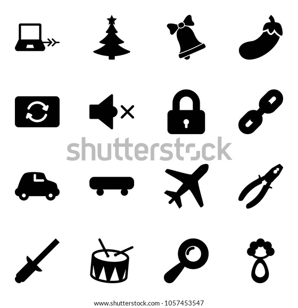 Solid vector icon\
set - notebook connect vector, christmas tree, bell, eggplant, card\
exchange, volume off, locked, link, car, skateboard, plane, pliers,\
clinch, drum, beanbag