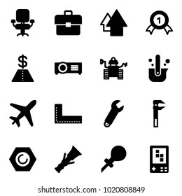Solid vector icon set - office chair vector, portfolio, arrow up, gold medal, dollar, projector, robot, casting of steel, plane, corner ruler, wrench, nut, dowel, oiler, game console