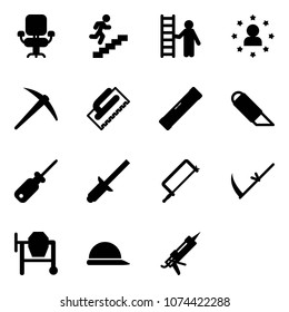 Solid vector icon set - office chair vector, career, opportunity, star man, axe, trowel, level, work knife, screwdriver, clinch, metal hacksaw, scythe, cocncrete mixer, construction helmet