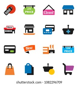 solid vector icon set - office vector, barcode, low price signboard, credit card, new, closed, shopping bag, mall, basket, cart
