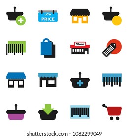 solid vector icon set - office vector, barcode, low price signboard, shopping bag, store, mall, basket, cart