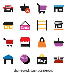 solid vector icon set - office vector, warehouse, shelving, new, closed, shopping bag, market, store, mall, buy, basket, cart, scales