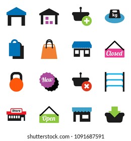 solid vector icon set - office vector, warehouse, weight, shelving, new, open, closed, shopping bag, store, mall, basket