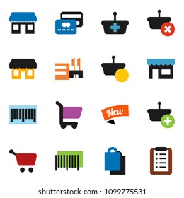 solid vector icon set - office vector, credit card, new, shopping bag, store, mall, barcode, basket, cart, list