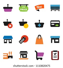 solid vector icon set - office vector, barcode, low price signboard, credit card, new, shopping bag, store, mall, basket, cart, list