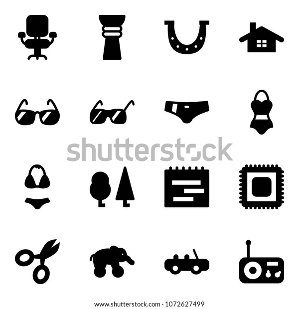 Solid vector icon set - office\
chair vector, award, luck, home, sunglasses, swimsuit, forest,\
terms plan, cpu, scissors, elephant wheel, toy car,\
radio