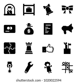 Solid Vector Icon Set - Officer Window Vector, Baggage Room, Bell, Bow, Credit Card, Money Bag, Document, Megaphone, Puzzle, Chess Tower, Finger Up, Win, Laser, Wrench, Doll, Tic Tac Toe