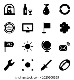 Solid vector icon set - officer window vector, wine, pear, exchange, tax peage road sign, monitor cursor, flag, puzzle, ipo, sun, globe, wireless mail, wrench, record button, clinch, football