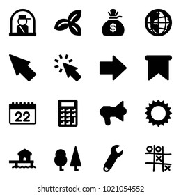 Solid Vector Icon Set - Officer Window Vector, Three Leafs, Money Bag, Globe, Cursor, Right Arrow, Flag, Calendar, Calculator, Megaphone, Sun, Bungalow, Forest, Wrench, Tic Tac Toe