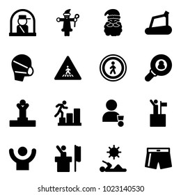 Solid vector icon set - officer window vector, santa claus, treadmill, medical mask, pedestrian road sign, no, head hunter, winner, career, win, success, speaker, reading, swimsuit