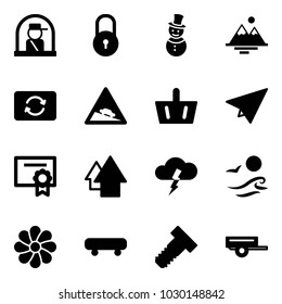 Solid vector icon set - officer window vector, lock, snowman, mountains, card exchange, steep descent road sign, basket, paper plane, certificate, arrow up, storm, waves, flower, skateboard, bolt