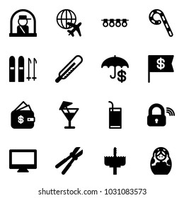 Solid vector icon set - officer window vector, plane globe, garland, lollipop, ski, thermometer, insurance, dollar flag, finance management, drink, wireless lock, monitor, bolt cutter, crown drill