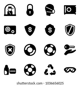 Solid vector icon set - officer window vector, lock, medical mask, safe, shield, cross, lifebuoy, key hand, uv cream, recycling, protective glasses
