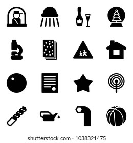 Solid vector icon set - officer window vector, shower, wine, snowball tree, lab, breads, children road sign, home, record, agreement, star medal, antenna, drill, oiler, allen key, basketball