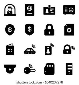 Solid vector icon set - officer window vector, passport, identity, safe, locked, certificate, car wireless, card, lock, surveillance camera, key, micro flash, server