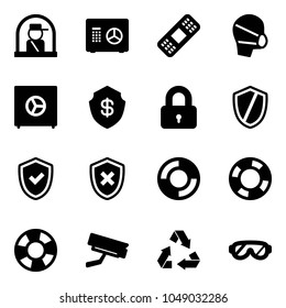 Solid vector icon set - officer window vector, safe, medical patch, mask, locked, shield, check, cross, lifebuoy, surveillance camera, recycling, protective glasses