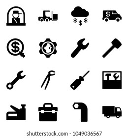 Solid vector icon set - officer window vector, fork loader, money rain, encashment car, click, gear globe, wrench, rubber hammer, plumber, screwdriver, tool box, stapler, allen key, truck toy