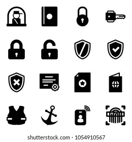 Solid vector icon set - officer window vector, passport, lock, key, locked, unlocked, shield, check, cross, certificate, life vest, anchor, identity card, fingerprint scanner