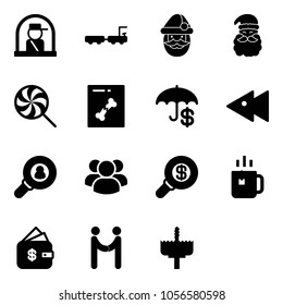 Solid vector icon set - officer window vector, baggage truck, santa claus, lollipop, x ray, insurance, fast backward, head hunter, group, search money, green tea, finance management, agreement