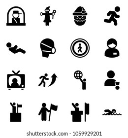 Solid vector icon set - officer window vector, santa claus, run, abdominal muscles, medical mask, no pedestrian road sign, manager, tv news, career, world, winner, win, speaker, swimming