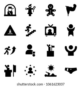 Solid vector icon set - officer window vector, santa claus, cake man, power hand, pedestrian road sign, career, tv news, success, winner, win, speaker, star, reading, swimsuit