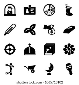Solid vector icon set - officer window vector, identity, radar, christmas sock, thermometer, three leafs, encashment, gold, target, crown, photo, flower, bezier, wheelbarrow, moon lamp, beanbag