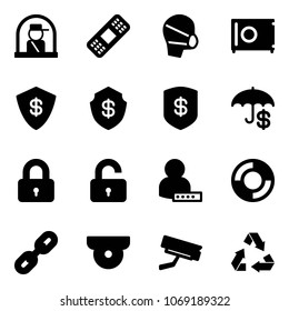 Solid vector icon set - officer window vector, medical patch, mask, safe, insurance, locked, unlocked, user password, lifebuoy, link, surveillance camera, recycling
