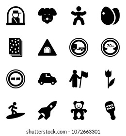 Solid vector icon set - officer window vector, dog, gymnastics, eggs, breads, tunnel road sign, no trailer, limited distance, overtake, car, win, tulip, surfing, rocket, bear toy, beanbag