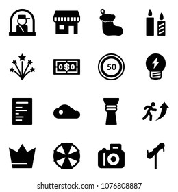 Solid vector icon set - officer window vector, duty free, christmas sock, candle, firework, dollar, speed limit 50 road sign, idea, document, cloud, award, career, crown, parasol, camera
