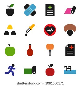 solid vector icon set - oil vector, cereal, mushroom, apple fruit, diet, heart pulse, fitness mat, run, dropper, patch, anamnesis, tooth implant, pool
