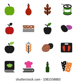 solid vector icon set - oil vector, cookbook, potato, apple fruit, diet, scales, sports nutrition, cereals, breads