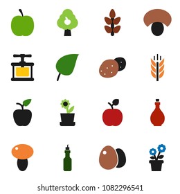 solid vector icon set - oil vector, cook press, egg, mushroom, potato, apple fruit, leaf, diet, cereals, tree, flower in pot