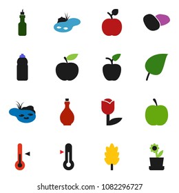 solid vector icon set - oil vector, thermometer, cereal, potato, apple fruit, leaf, diet, water bottle, tulip, pond, flower in pot