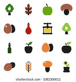 solid vector icon set - oil vector, cook press, egg, mushroom, potato, apple fruit, diet, cereals, tree, flower in pot
