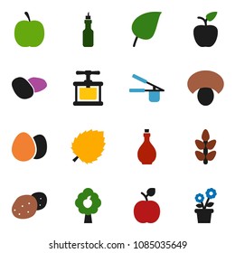 solid vector icon set - oil vector, cook press, egg, mushroom, potato, apple fruit, leaf, diet, cereals, tree, flower in pot