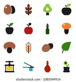 solid vector icon set - oil vector, cook press, egg, mushroom, potato, apple fruit, leaf, diet, cereals, tree, flower in pot