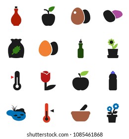 solid vector icon set - oil vector, thermometer, cereal, egg, potato, apple fruit, diet, water bottle, tulip, mortar, pond, flower in pot