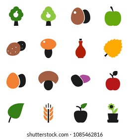 solid vector icon set - oil vector, egg, mushroom, potato, apple fruit, leaf, diet, cereals, tree, flower in pot