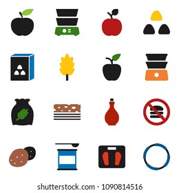 solid vector icon set - oil vector, double boiler, cereal, potato, apple fruit, diet, scales, sports nutrition, breads, no fastfood, hoop